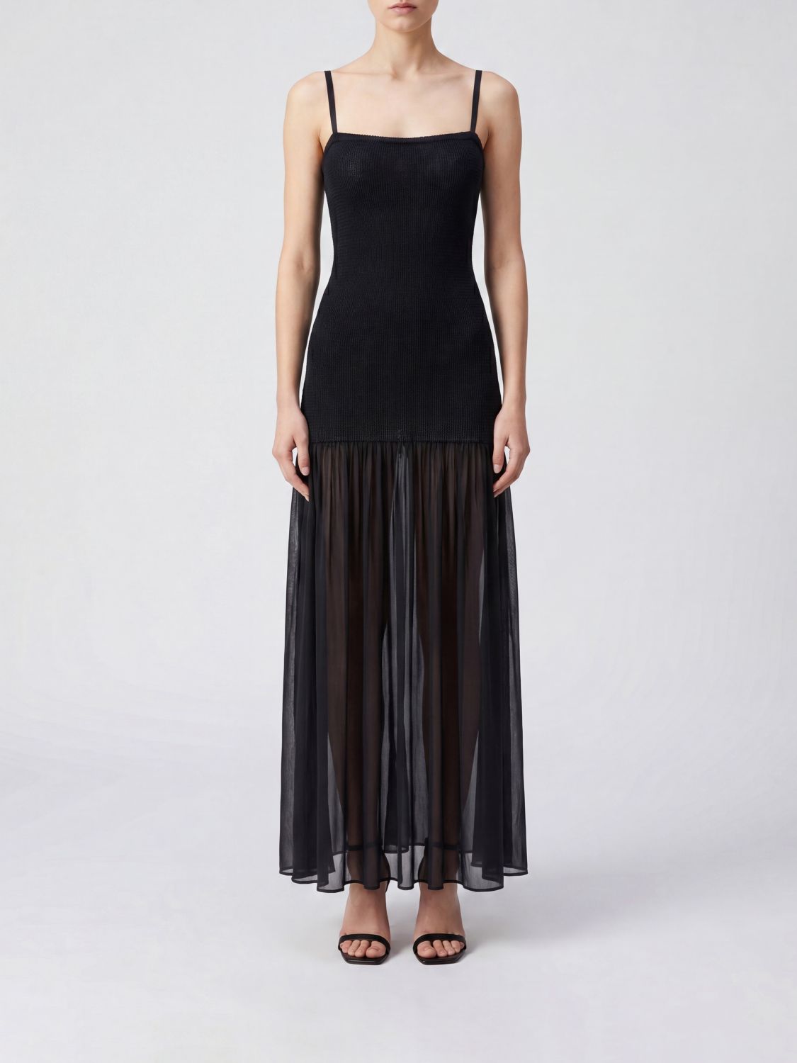 HUNZA G Nancy Pleated Jersey Long Dress with a Square Neckline