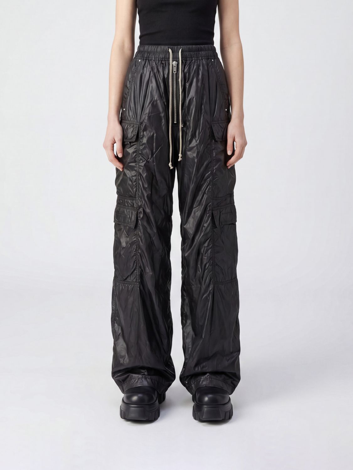 Rick Owens DRKSHDW Drawstring High-Waisted Cargo Trousers in Crinkled Nylon