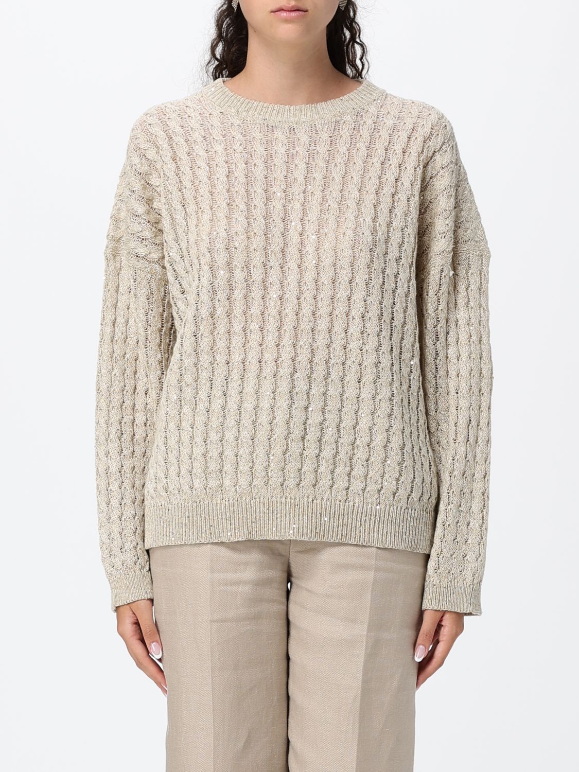 BRUNELLO CUCINELLI Maglia Dazzling Cable traforata in lino con scollo a girocollo