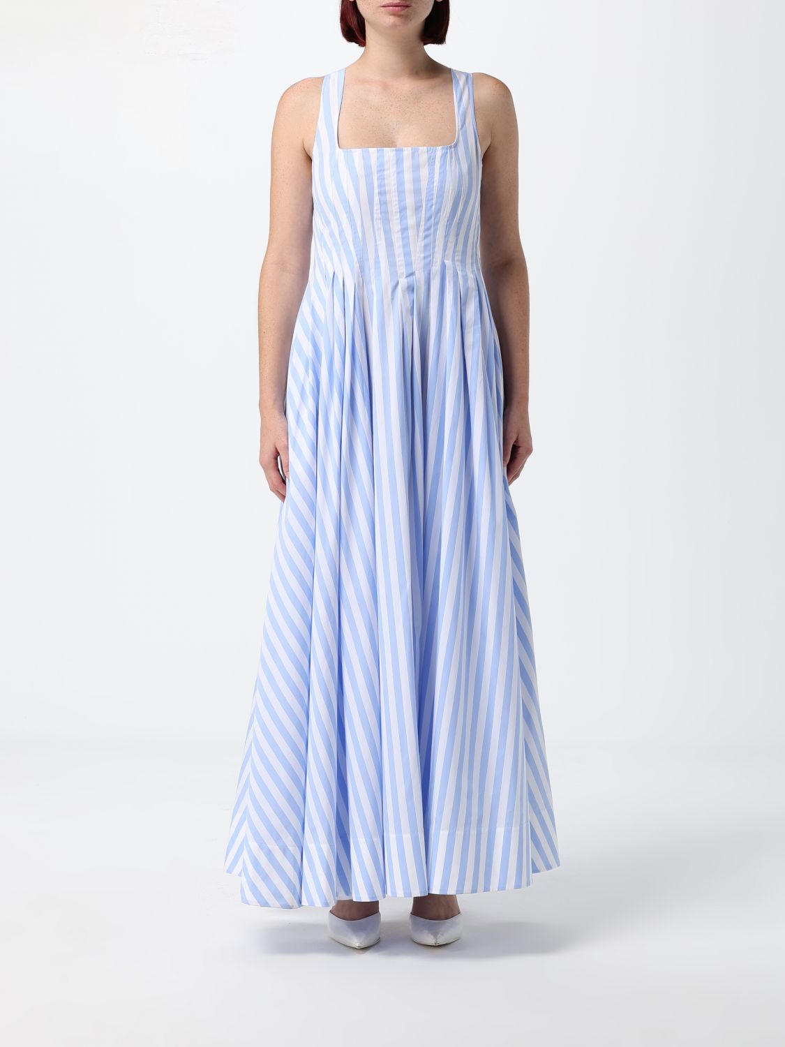 SPORTMAX Abito lungo bustier a righe in cotone con scollo quadrato