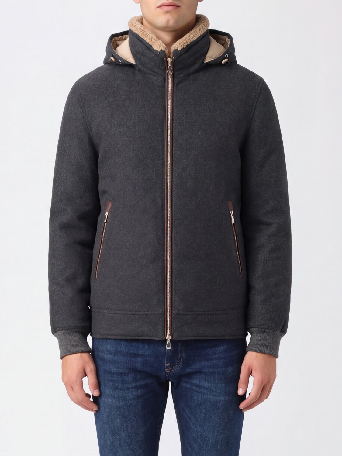 Brunello Cucinelli Wool Bomber Jacket with Hood and High Neck