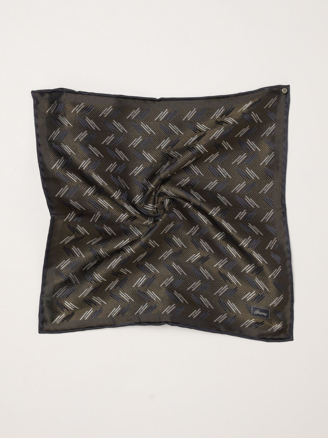 Brioni Chevron Pattern Square Silk Scarf with Contrast Logo · OS