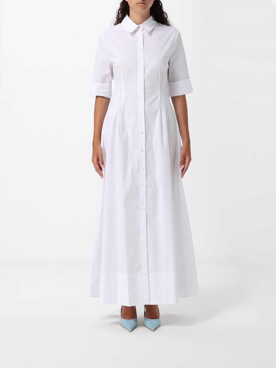STAUD Long Cotton Shirt Dress with Classic Collar and Short Sleeves