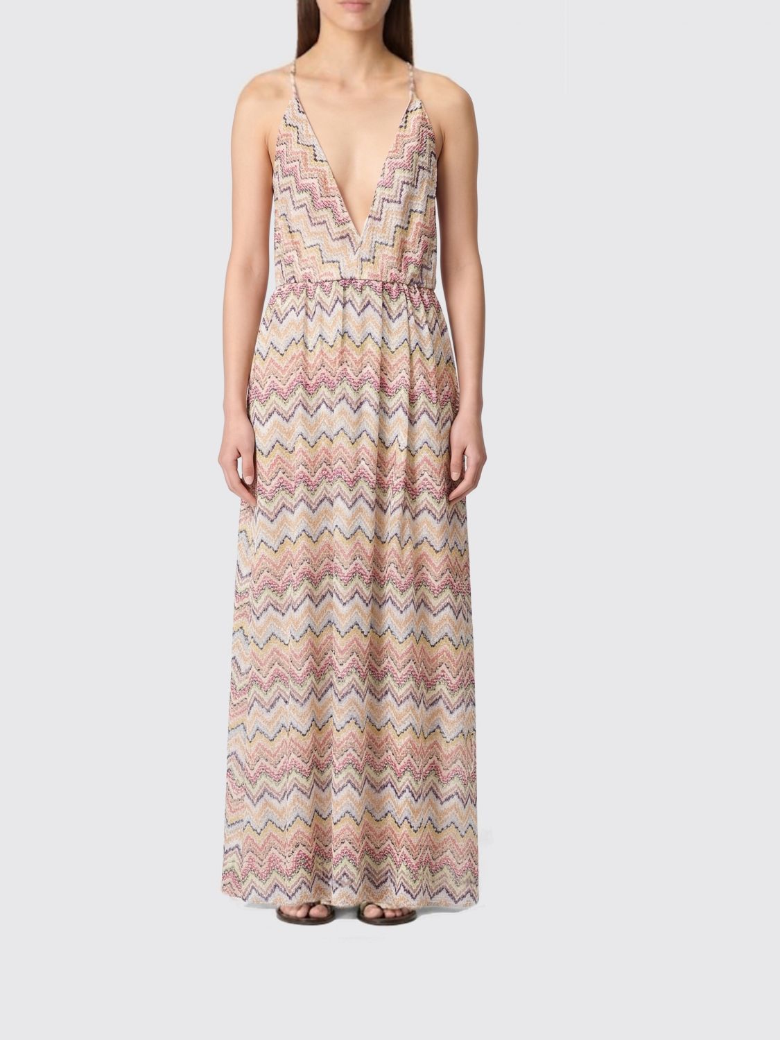 MISSONI Long Jersey Dress with Iconic Multicolor Zig-Zag Pattern