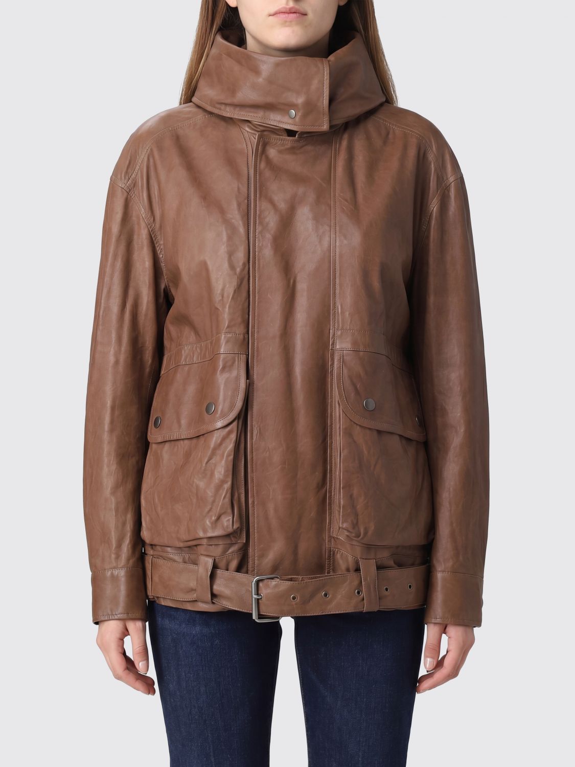 CALVIN KLEIN Giacca corta in pelle con collo alto e cintura
