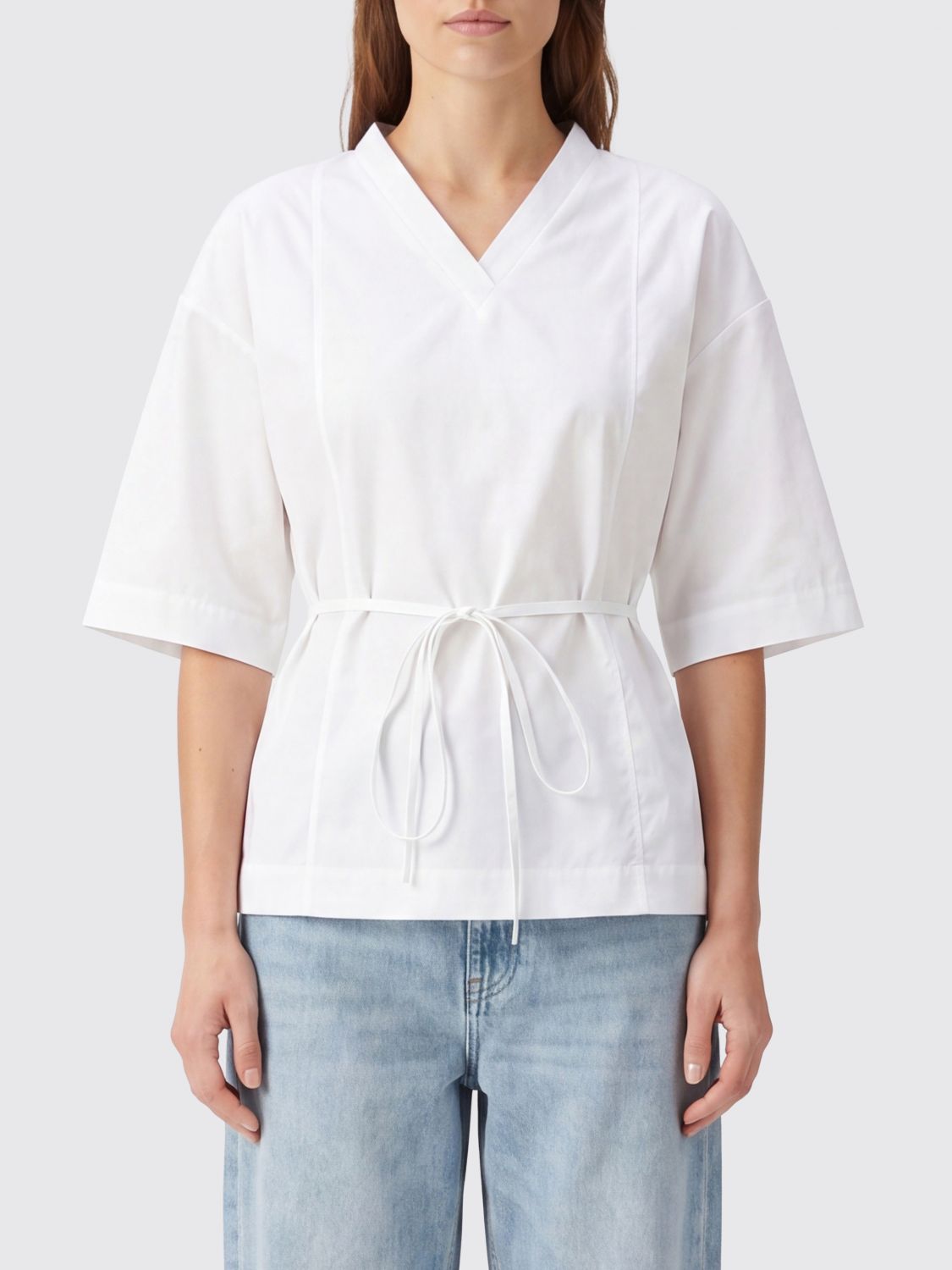 CALVIN KLEIN V-Neck Cotton Poplin Wrap Shirt