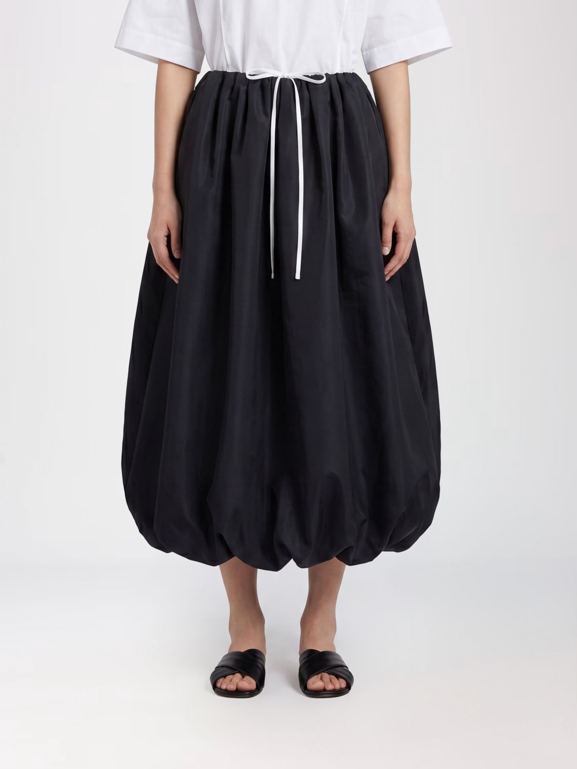 CALVIN KLEIN A-Line Midi Skirt in Silk Blend with Drawstring Waist