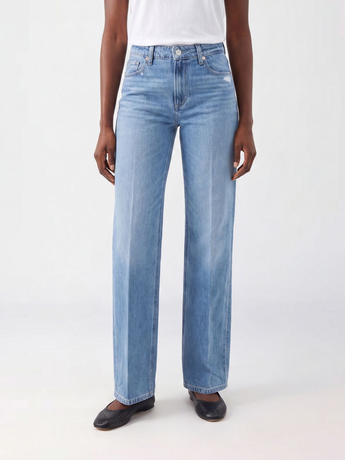 PAIGE Jeans straight a vita alta in denim di cotone e lyocell con cinque tasche