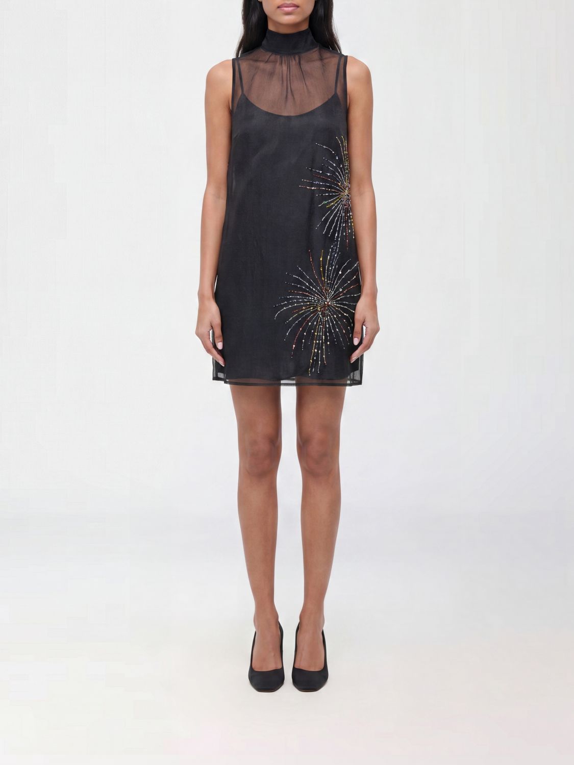STAUD Mini abito Albee in organza con collo alto e ricamo di perline
