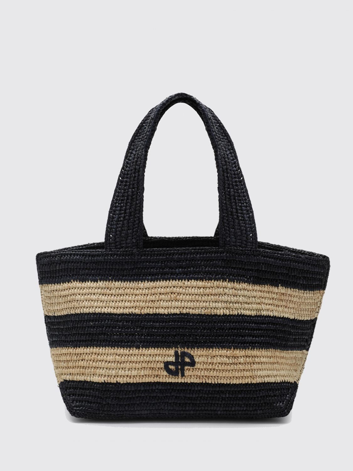 PATOU Bicolour Striped Raffia Handbag with Embroidered Logo　PATOU バイカラー ストライプ ラフィア ハンドバッグ 刺繍ロゴ付き PATOU