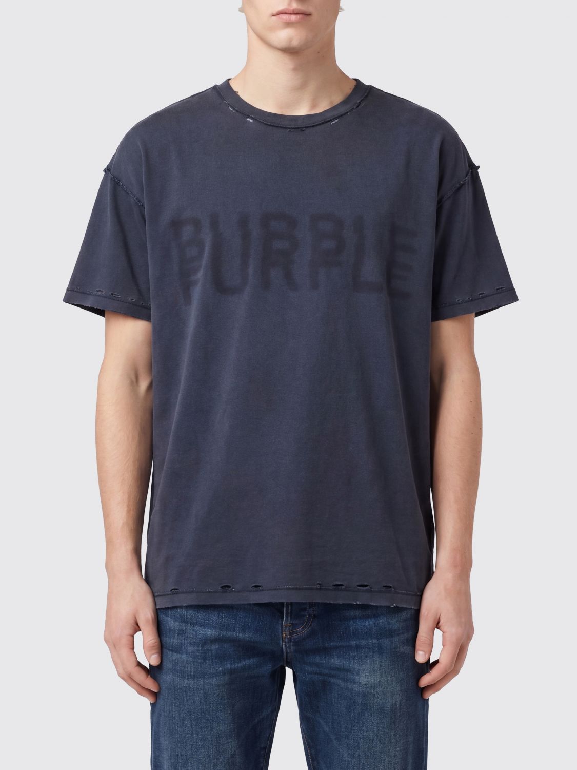 PURPLE T-shirt girocollo in puro cotone nero con logo tono su tono
