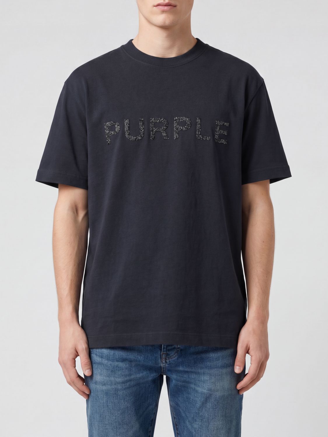 PURPLE T-shirt girocollo in cotone nero con logo ricamato di strass