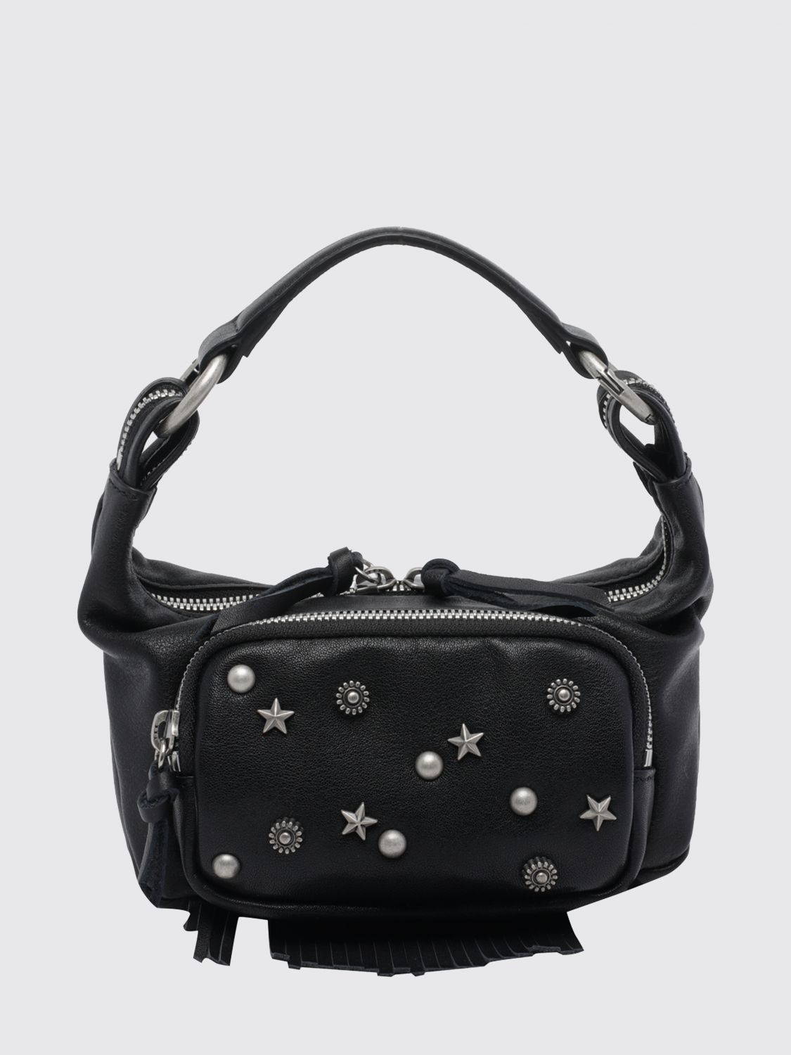 Margesherwood Mini Leather Hobo Bag with Studs, Fringes and Star Embroidery