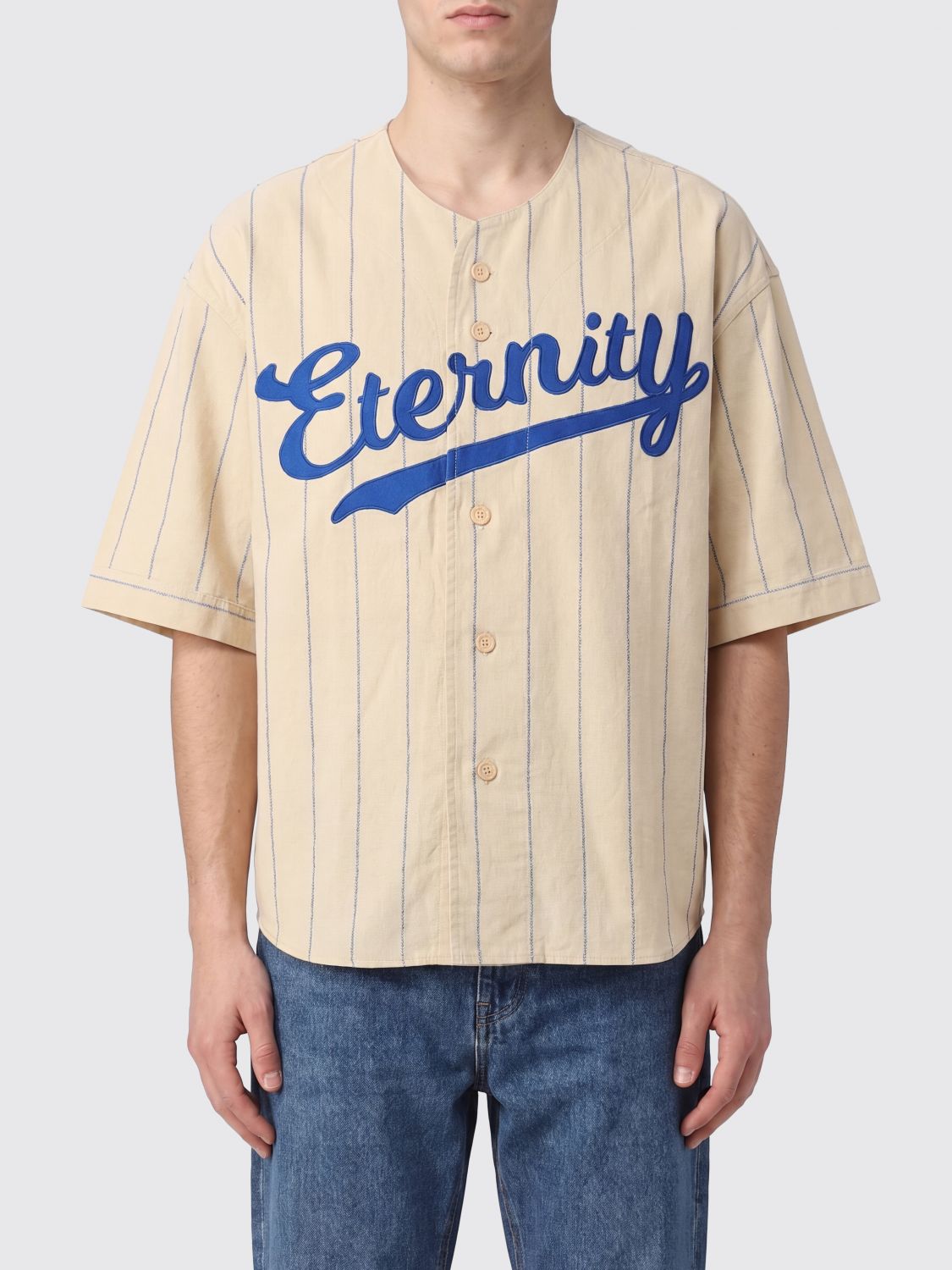 SAINT MXXXXXX Camicia bowling a maniche corte a righe con stampa slogan