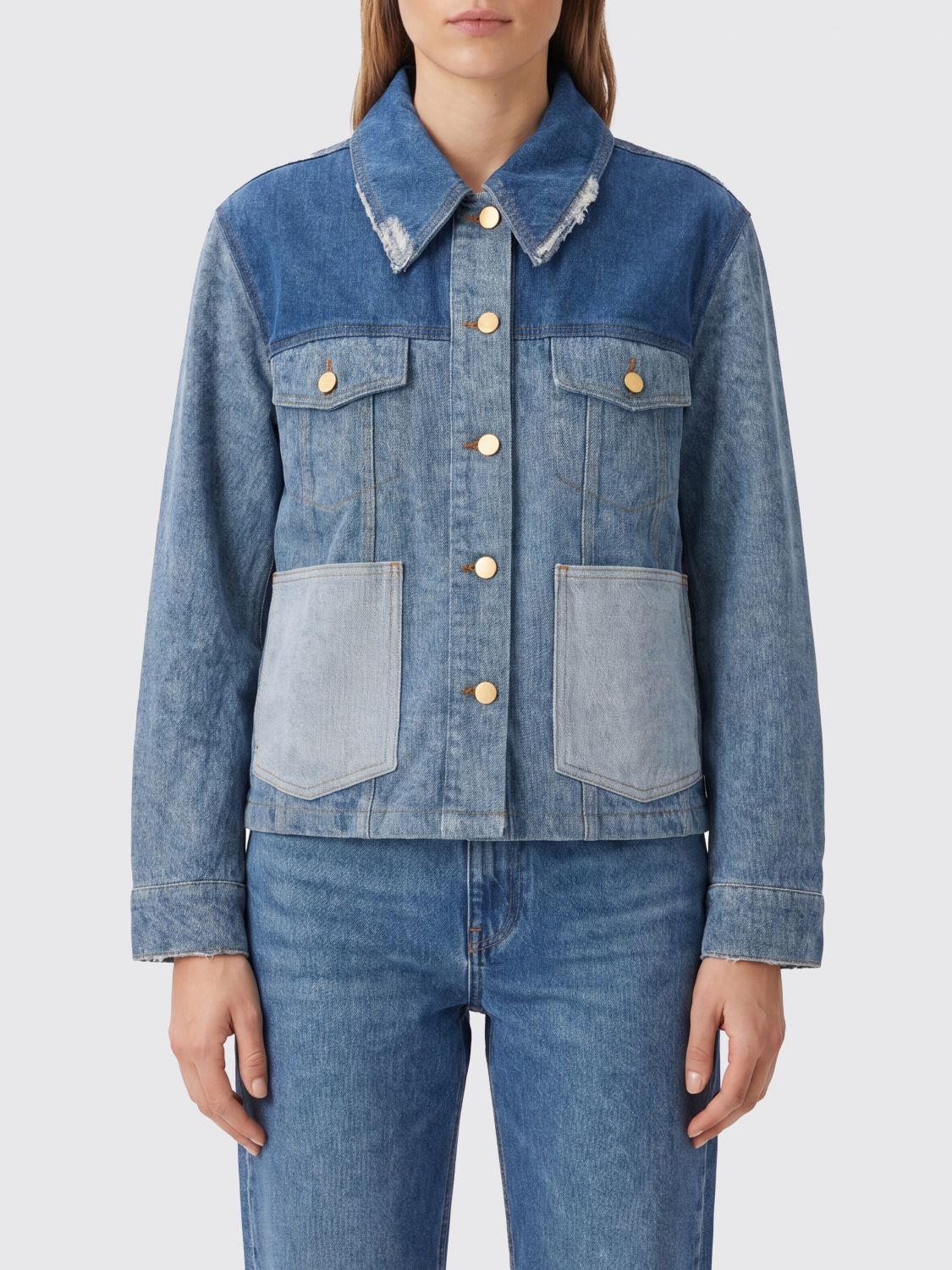GANNI Cropped Patchwork Denim Jacket in Cotton Denim