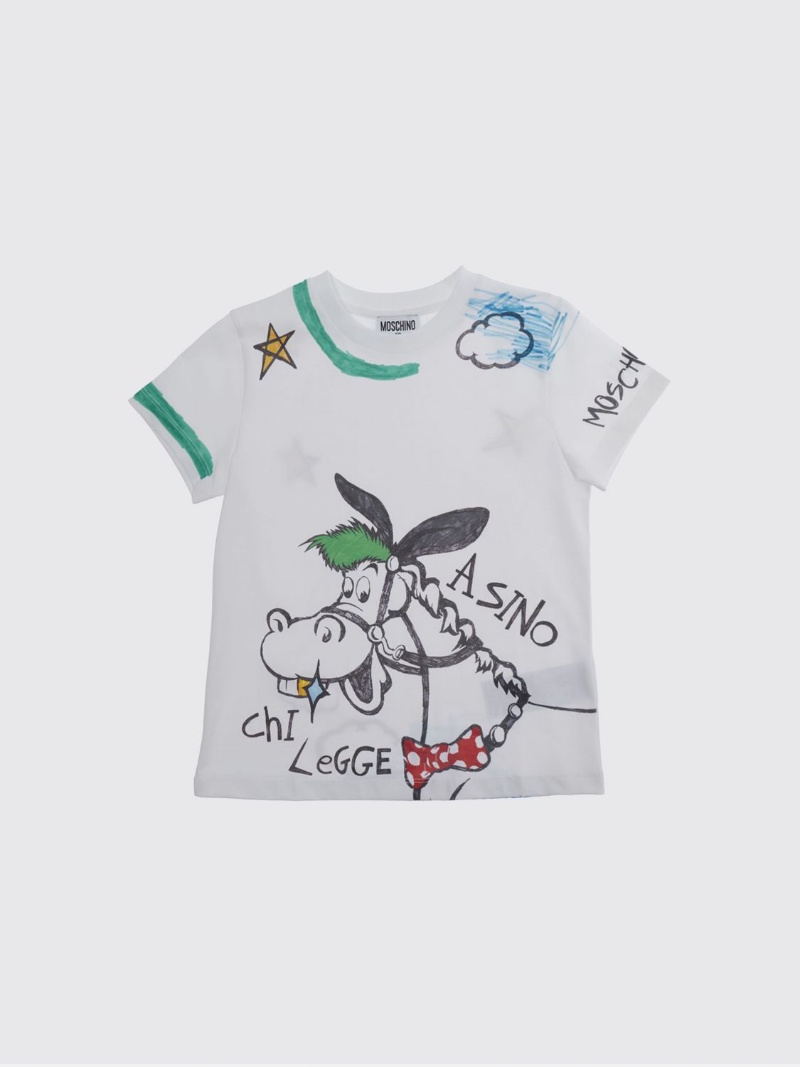 MOSCHINO T-shirt da bambino in cotone con stampa pop e slogan a contrasto