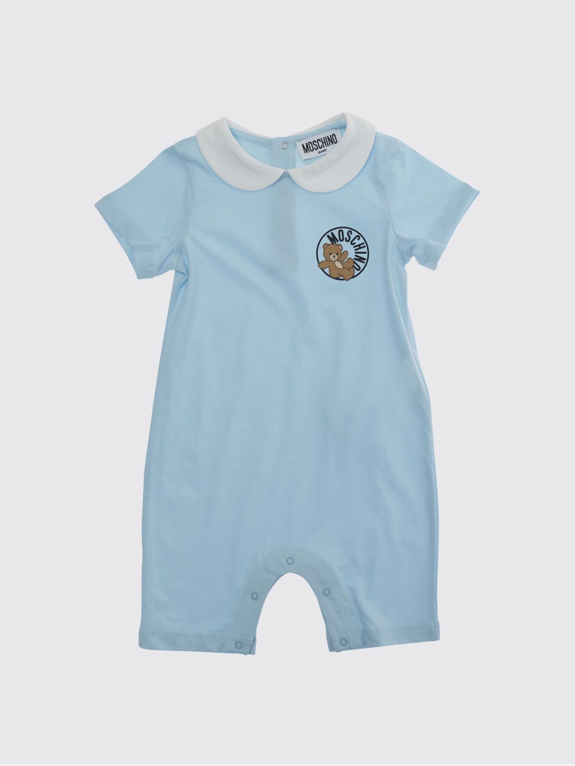 MOSCHINO Tutina da bambino in cotone con colletto Peter Pan e logo a contrasto