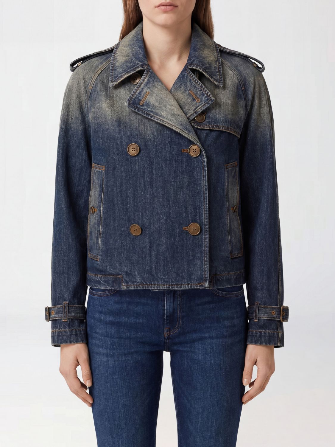 BURBERRY Trench corto doppiopetto in denim vintage con mostrine