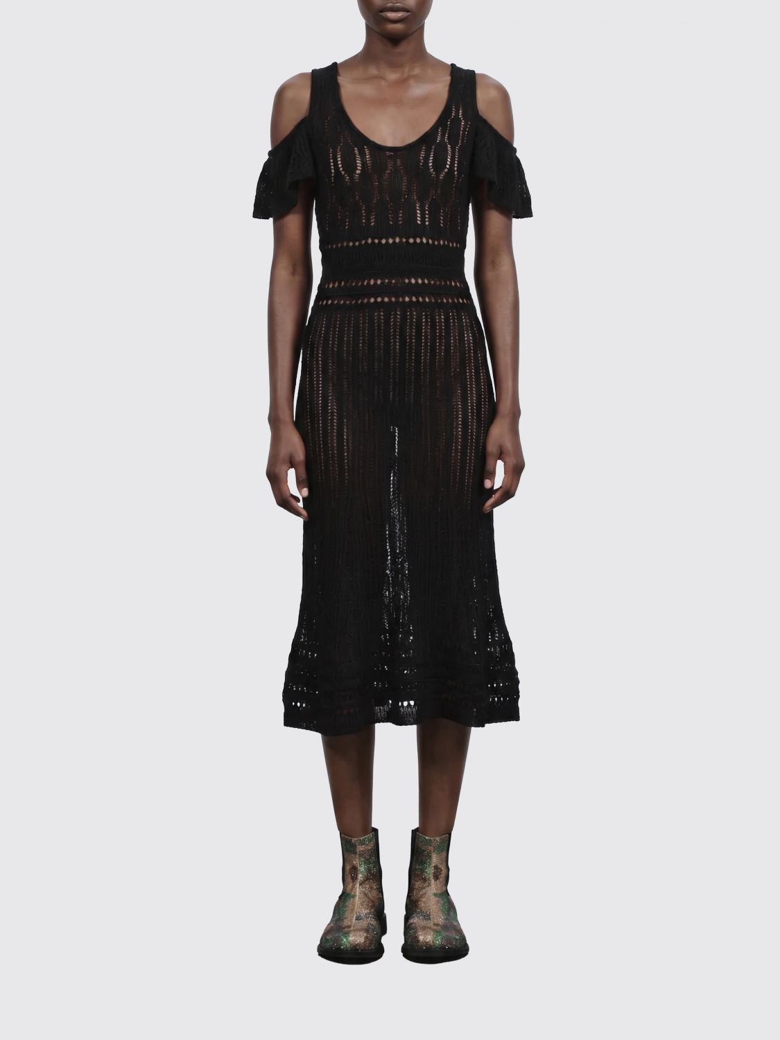 JW ANDERSON Off-the-Shoulder Crochet Knit Midi Dress