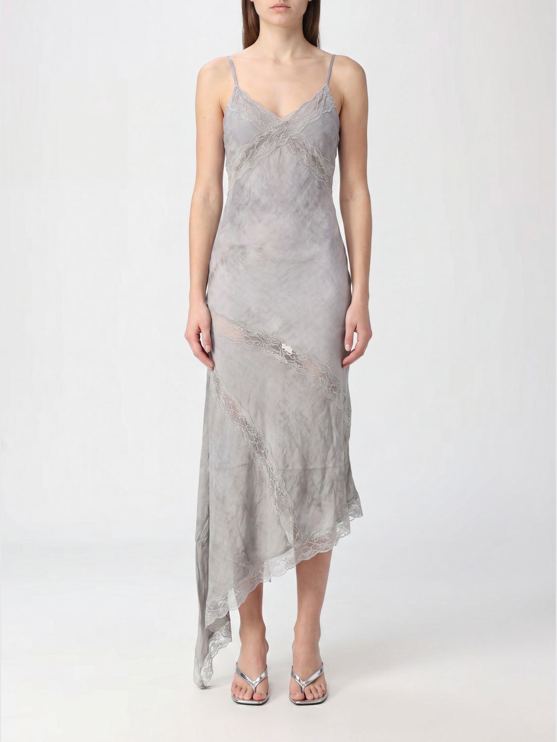 THE ANDAMANE Abito midi Rosetta in raso con scollo all'americana e inserti in pizzo