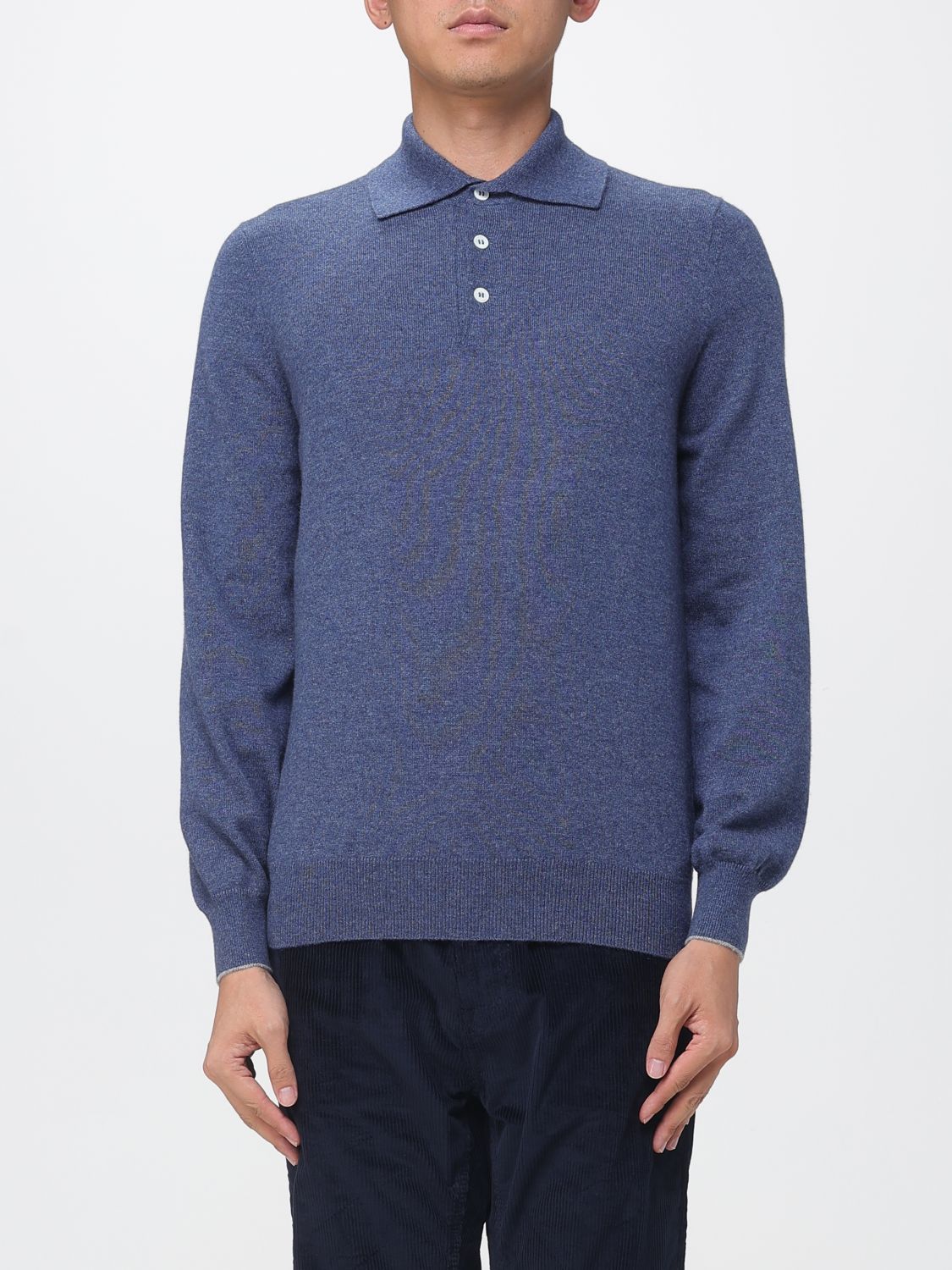 BRUNELLO CUCINELLI Pure Cashmere Long-Sleeved Polo with Ribbed Collar