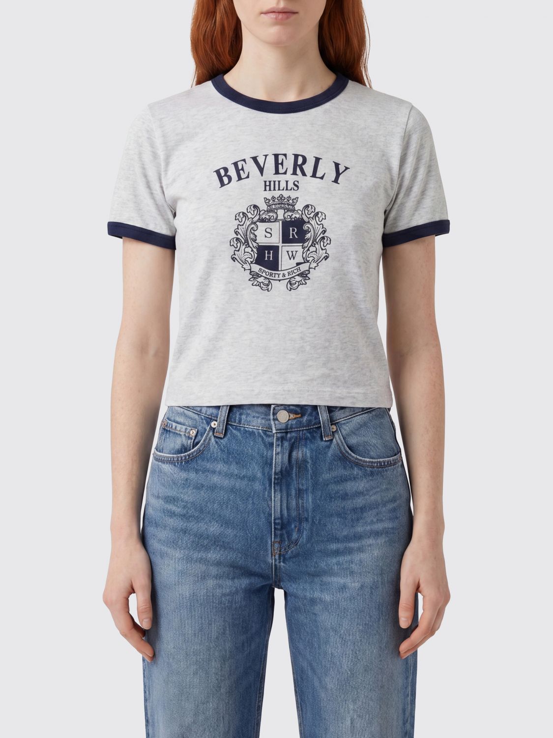 SPORTY & RICH Slim Fit Cotton T-Shirt with Shield Logo and Contrast Trim