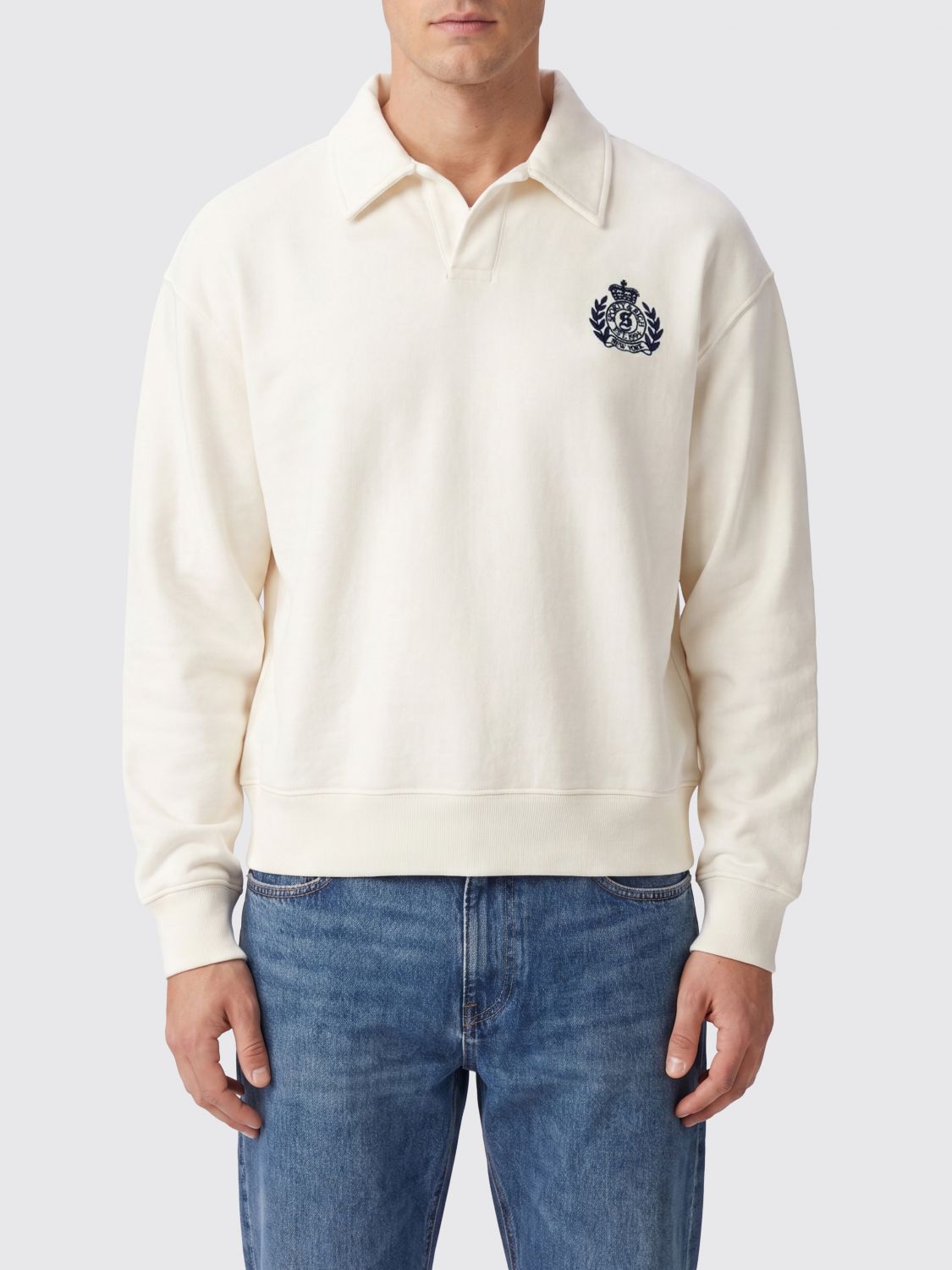 SPORTY & RICH Long-Sleeved Cotton Polo Shirt with Shield Logo and Dropped Shoulders