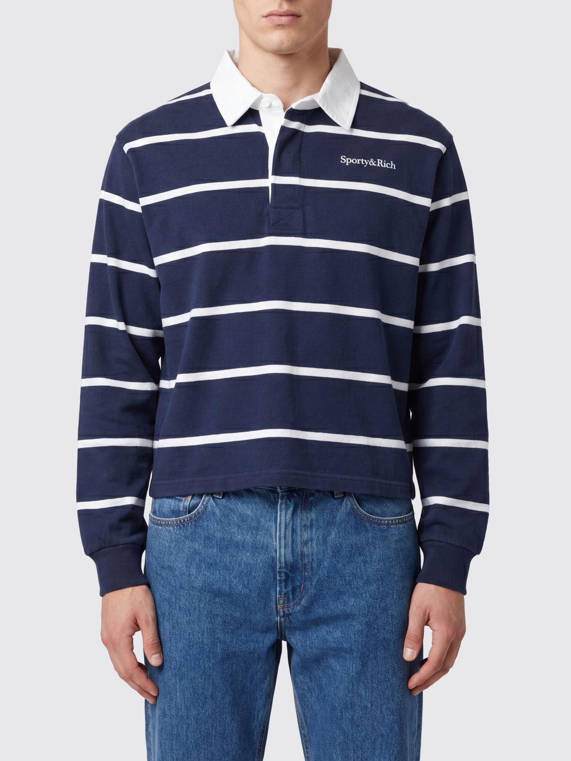 SPORTY & RICH Striped Long-Sleeve Cotton Polo with Logo
