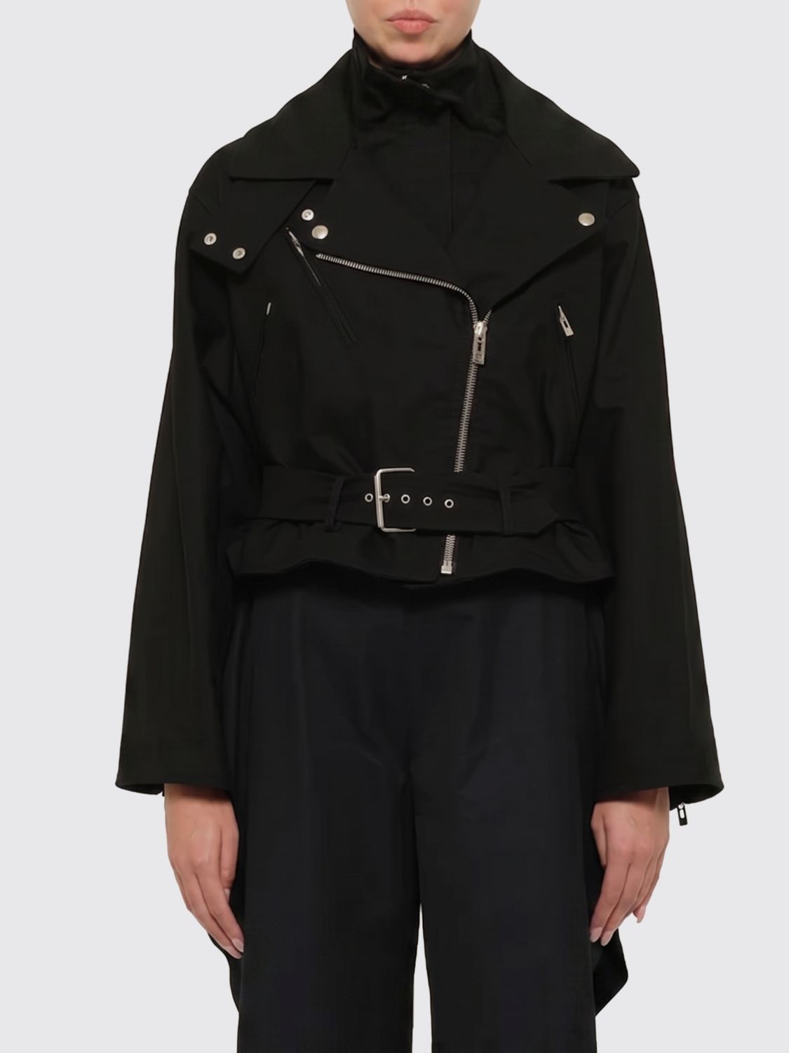 ALAÏA Cropped Cotton Biker Jacket with Adjustable Waist Belt