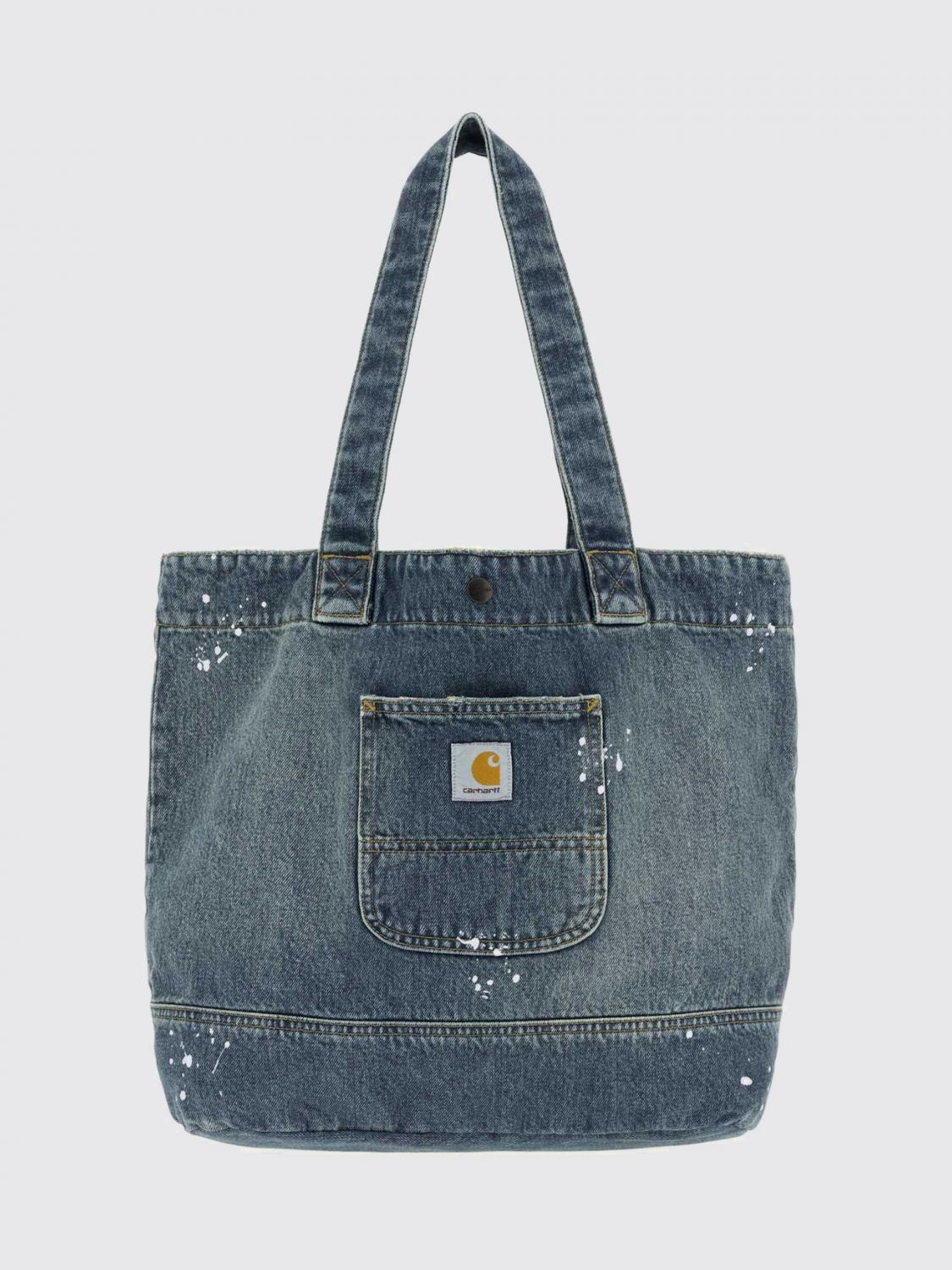 CARHARTT WIP Cotton Denim Tote Bag with Applied Logo and Double Handles CARHARTT WIP Cotton Denim Tote Bag with Applied Logo and Double Handles