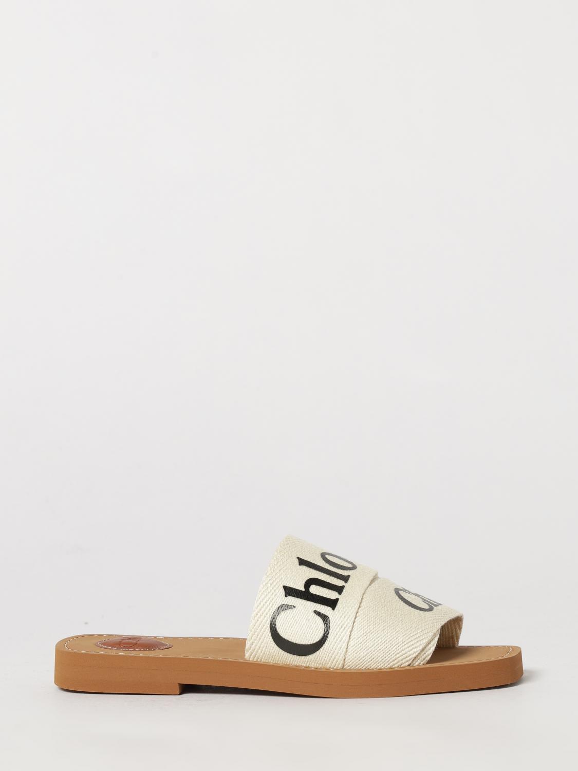 CHLOÉ Flache Slide-Sandalen Woody aus Canvas mit Logo-Print