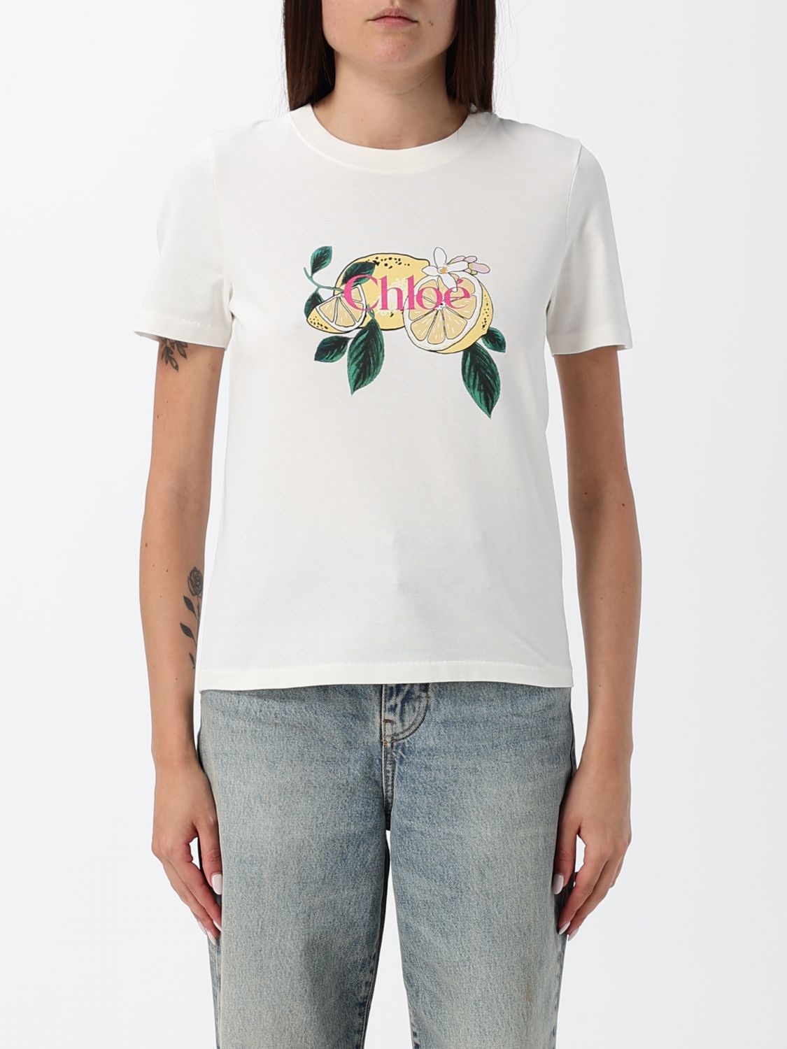 CHLOÉ T-shirt slim fit in cotone con stampa logo a contrasto sul davanti