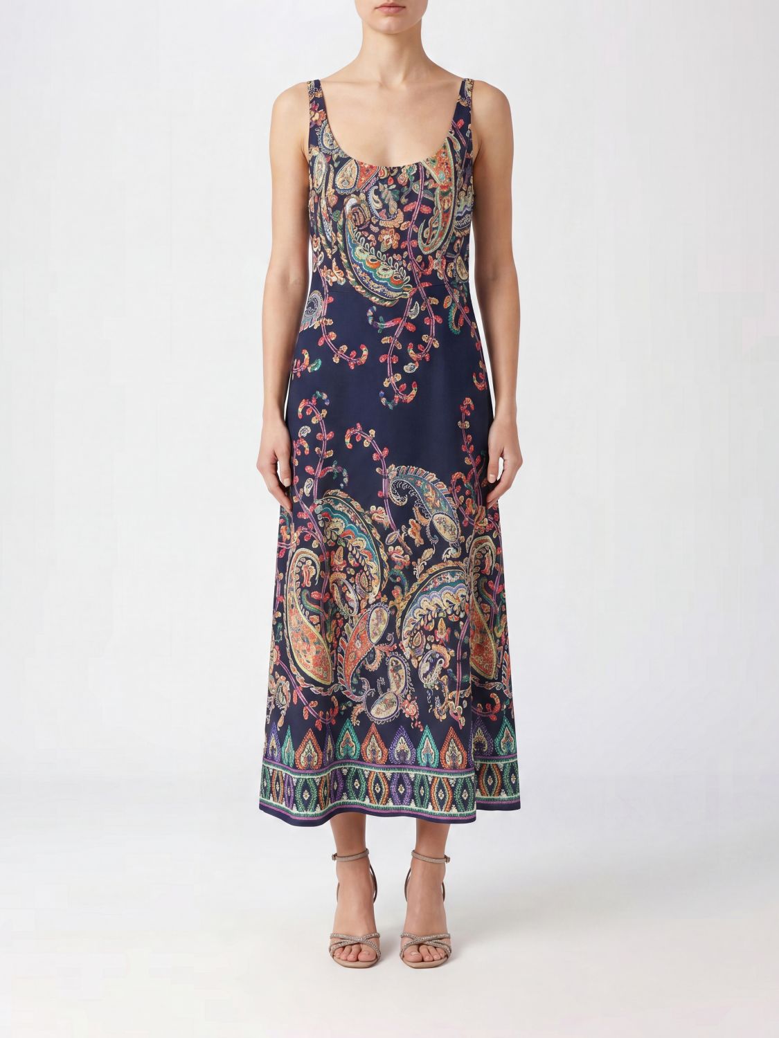 ETRO Paisley Print Crêpe Midi Dress with a Tie-Waist Sash Belt