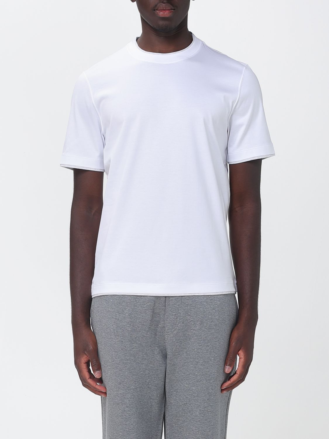 BRUNELLO CUCINELLI Crewneck Cotton T-Shirt with Contrast Trims　BRUNELLO CUCINELLI コントラストトリム付きクルーネックコットンTシャツ BRUNELLO