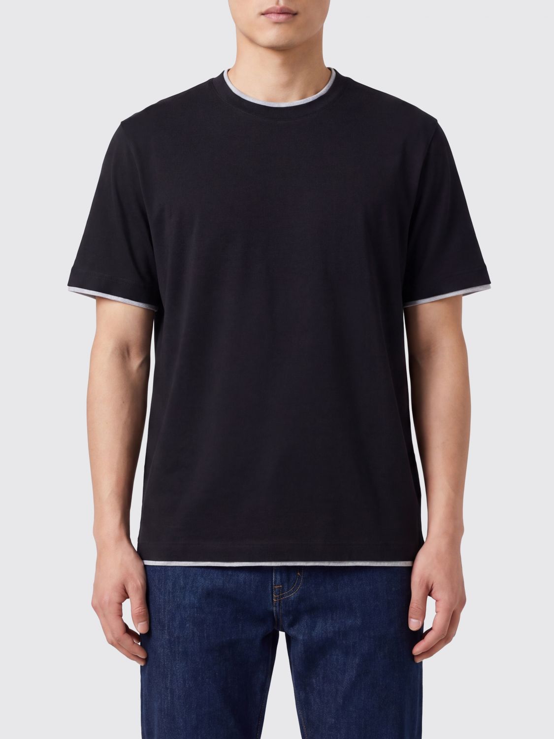 BRUNELLO CUCINELLI Rundhals-T-Shirt aus Baumwolle mit Kontrastbesatz