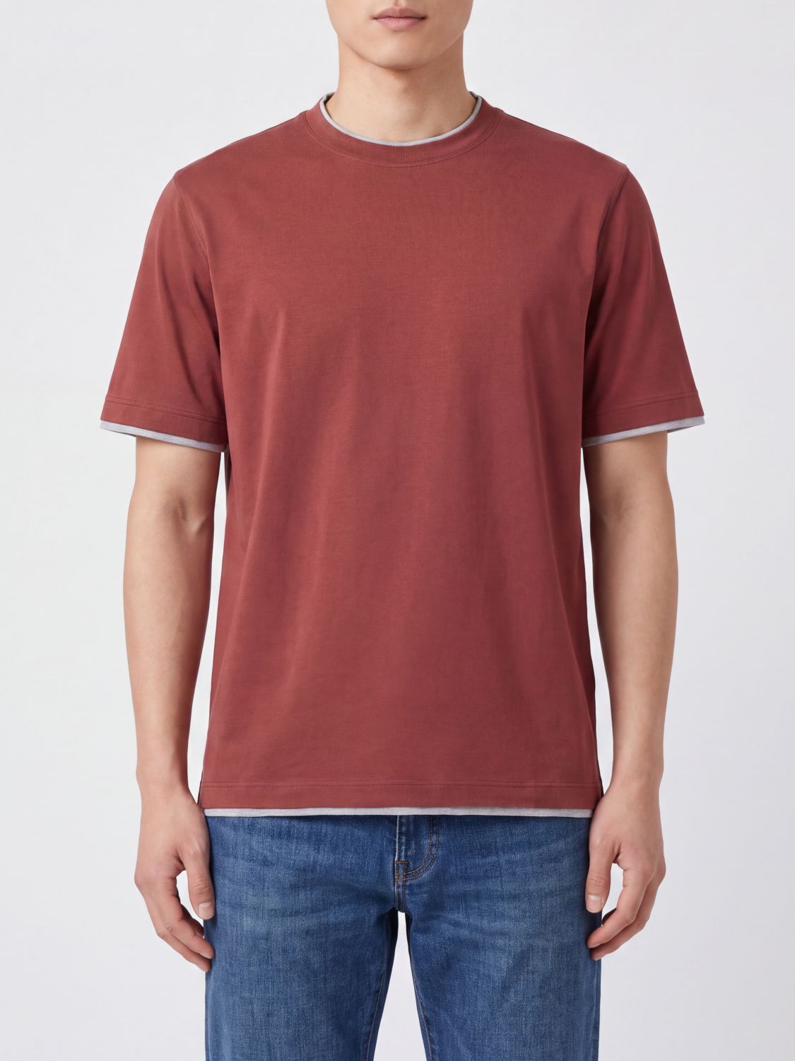 BRUNELLO CUCINELLI Crewneck Cotton T-Shirt with Contrast Trims