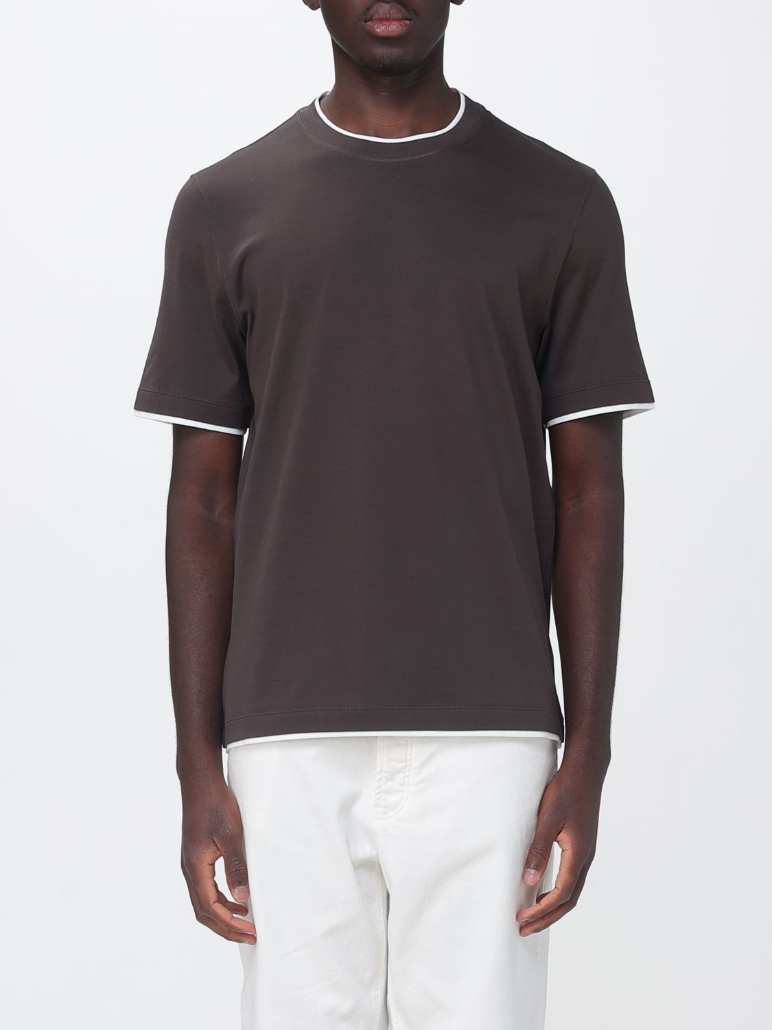 BRUNELLO CUCINELLI Crewneck Cotton T-Shirt with Contrast Trims