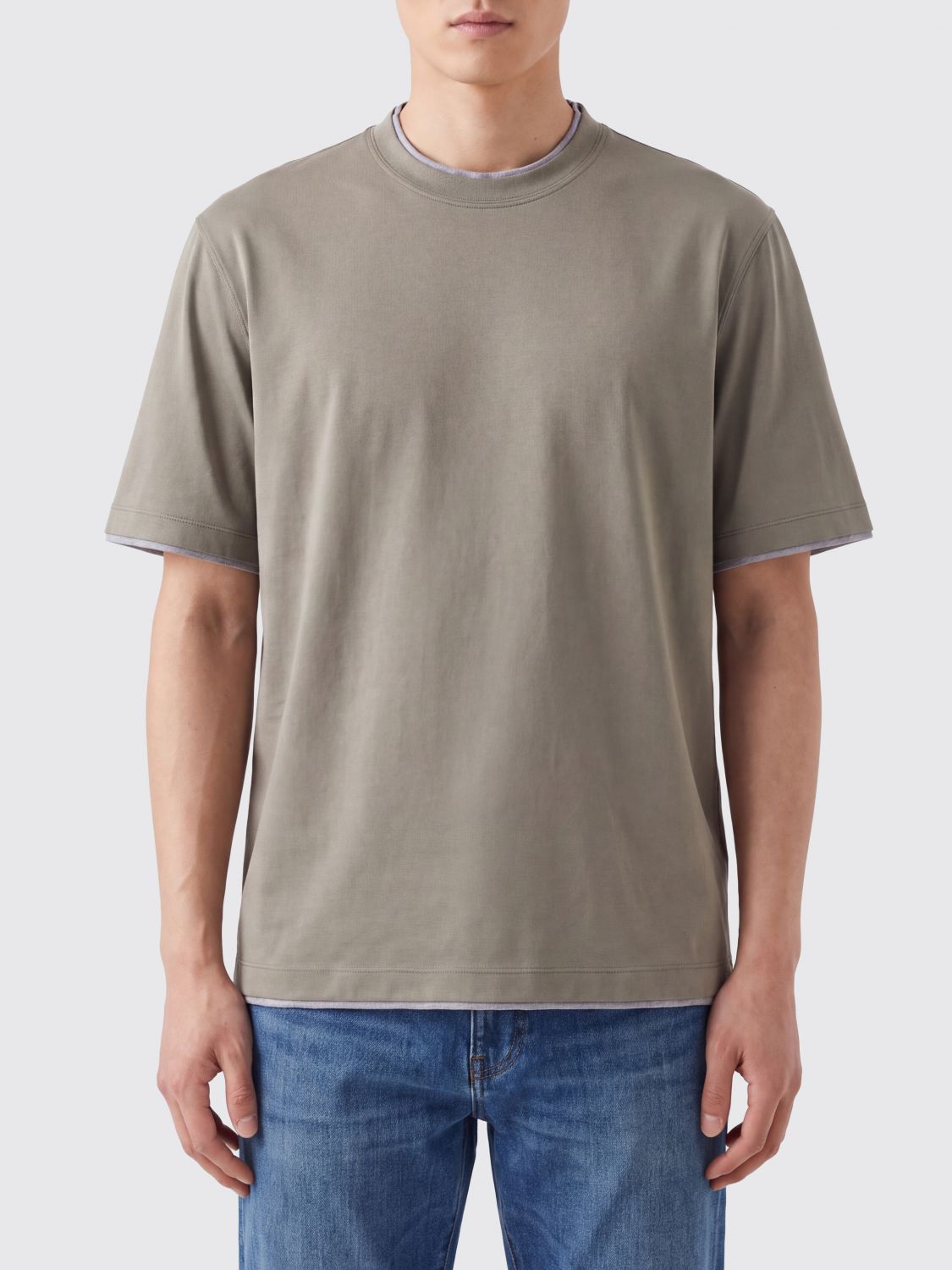 BRUNELLO CUCINELLI Crewneck Cotton T-Shirt with Contrast Trims