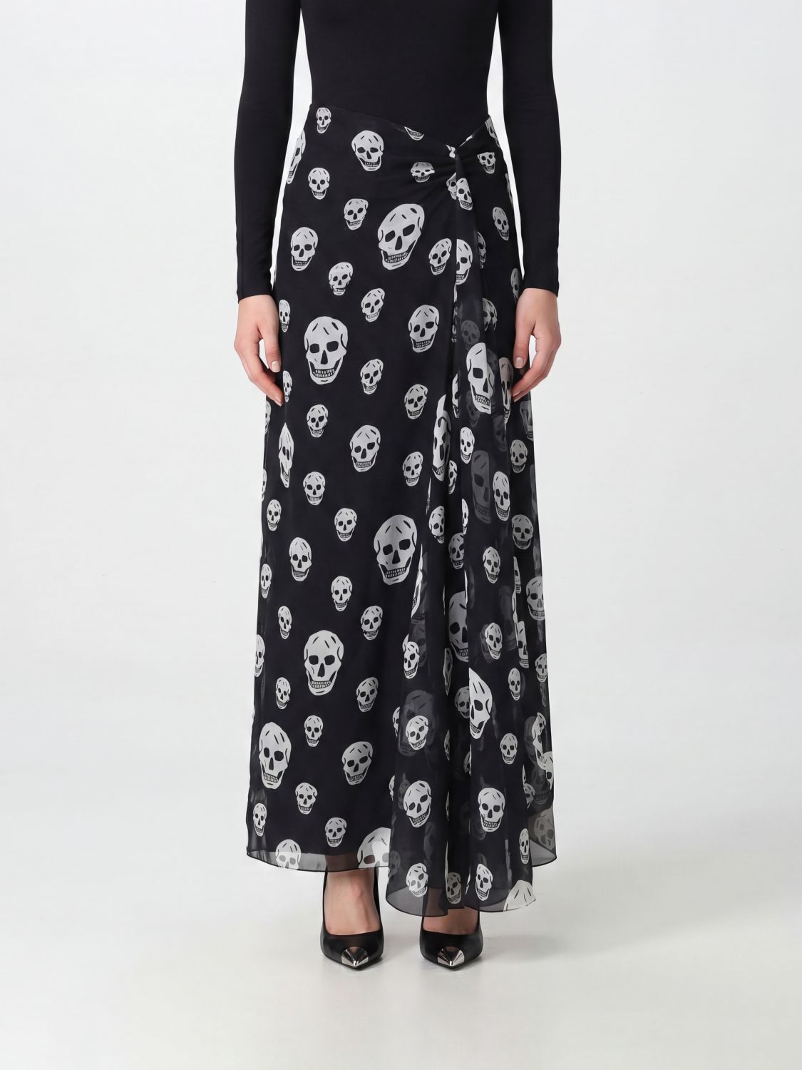 McQueen Asymmetrical Draped Silk Maxi Skirt with All-Over Skull Print