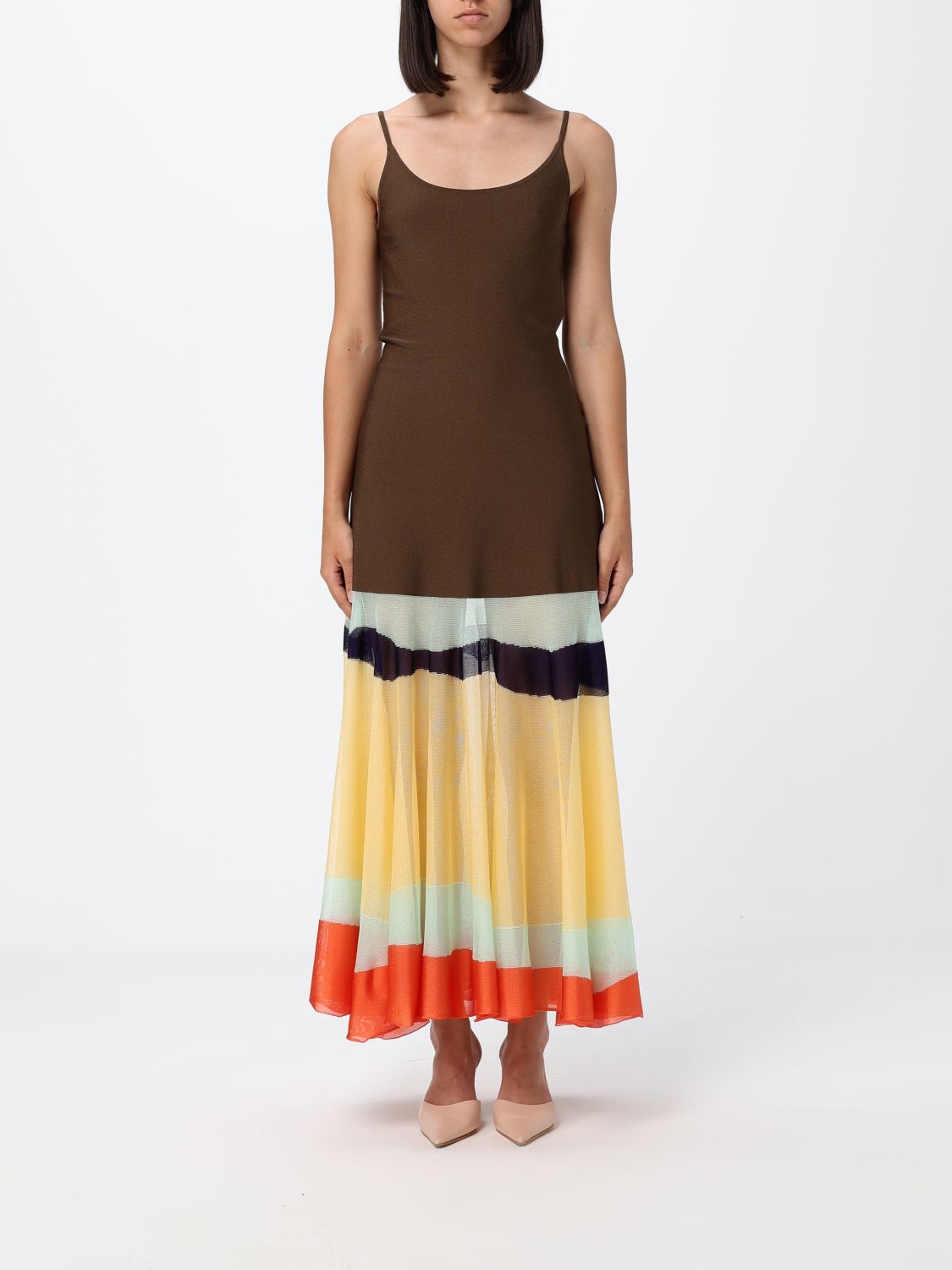 FENDI Abito midi a righe in misto viscosa con spalle scoperte