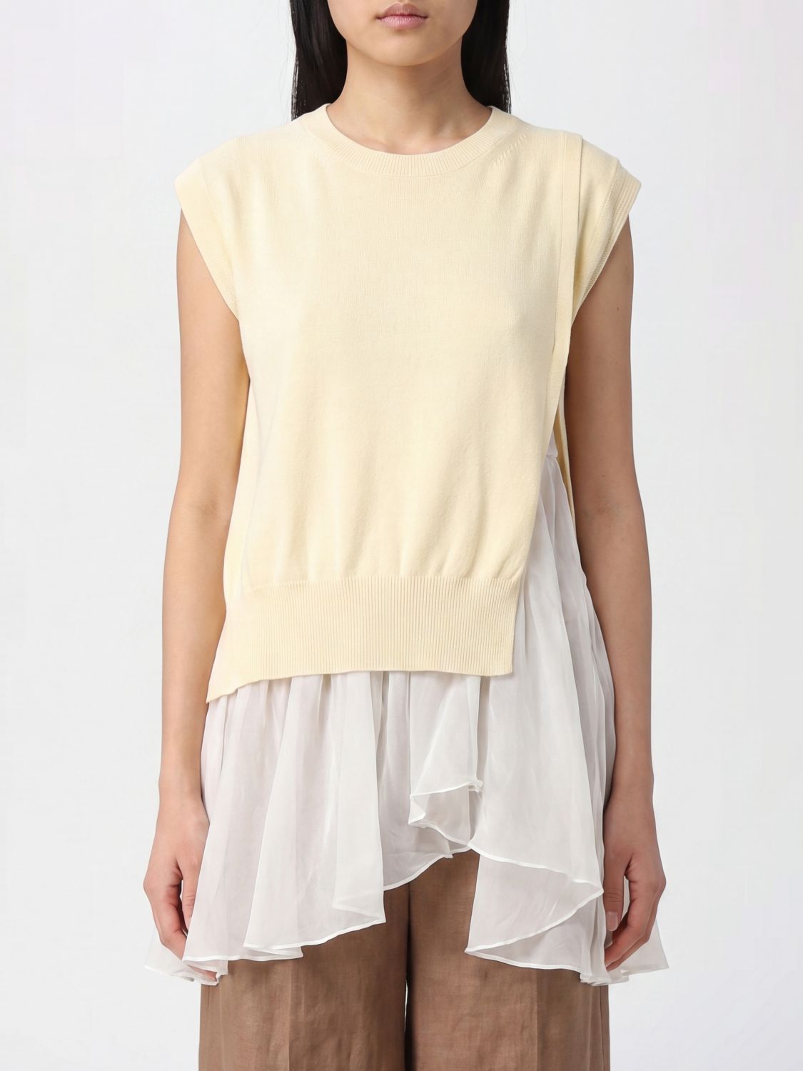 SEMICOUTURE Top in maglia smanicato in cotone e seta con orlo asimmetrico