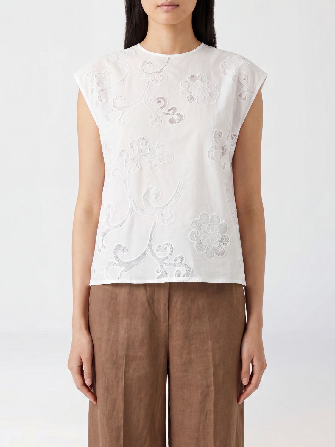 SEMICOUTURE Top in cotone e pizzo ricamato a maniche corte