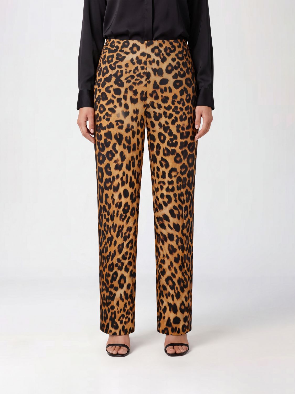 ALBERTA FERRETTI Animal Print Silk Straight Trousers with Mid-Rise Waist