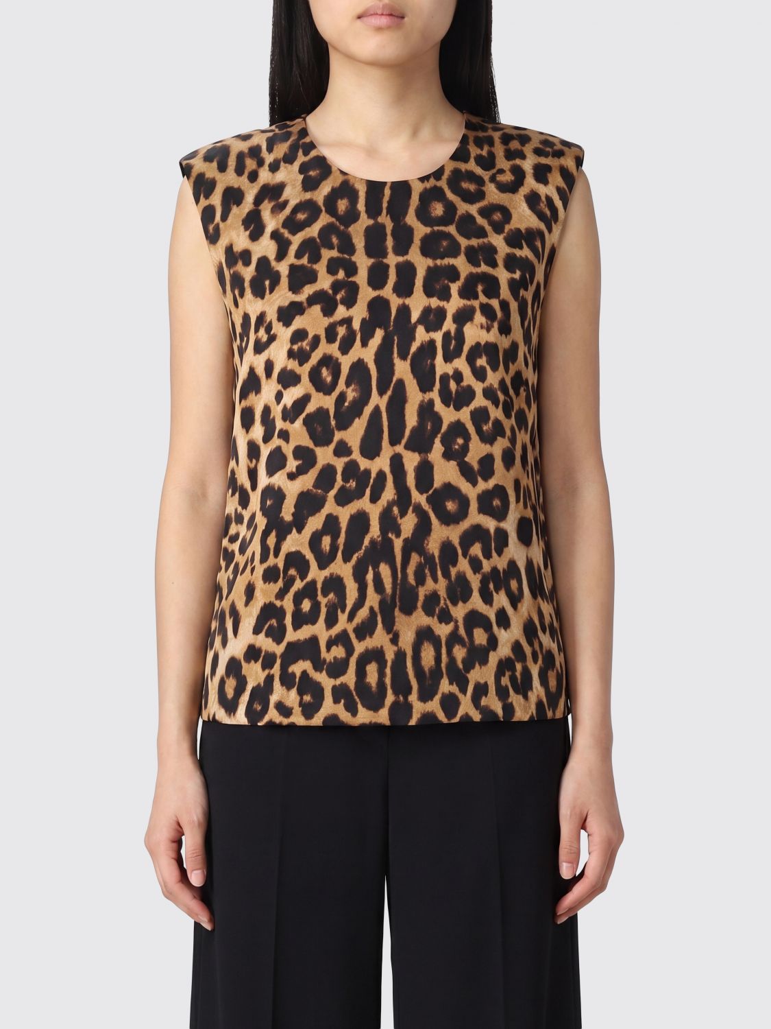 ALBERTA FERRETTI Animal Print Sleeveless Silk Top with Crew Neck