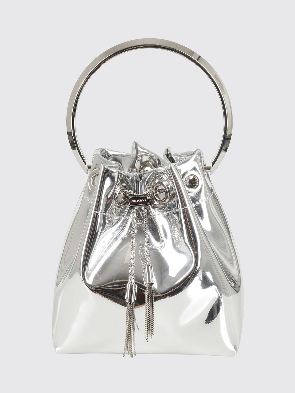 JIMMY CHOO Bon Bon Mini Bucket Bag in Mirror Fabric with Rigid Handle