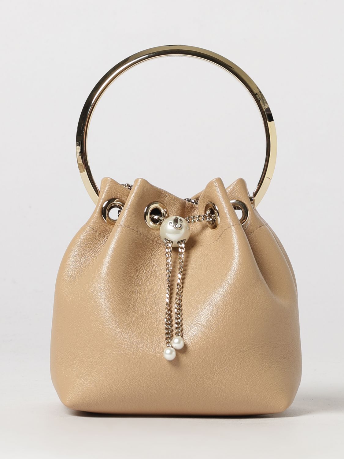 Jimmy Choo Bon Bon Mini Bucket Bag in Leather with Pearls and a Metal Handle