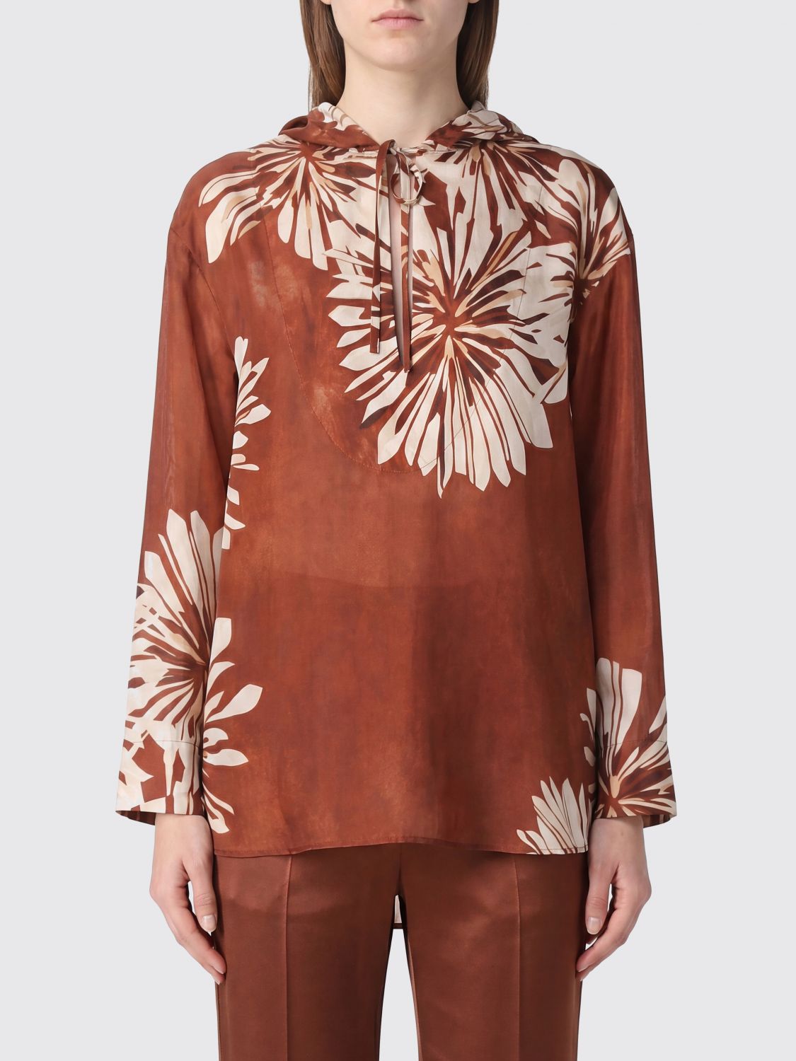 BRUNELLO CUCINELLI Floral Print Silk Blouse with Hood and Long Sleeves