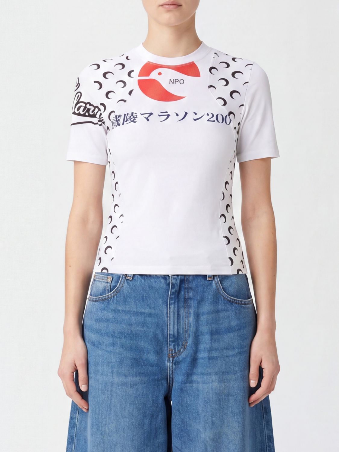 MARINE SERRE T-shirt cropped in jersey di cotone con logo Crescent Moon