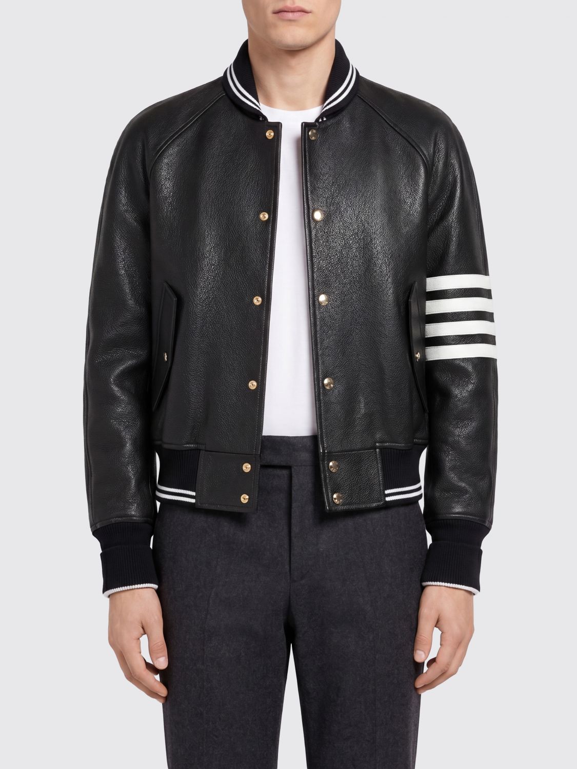 THOM BROWNE Bomber in cotone con dettagli in pelle e logo 4-Bar