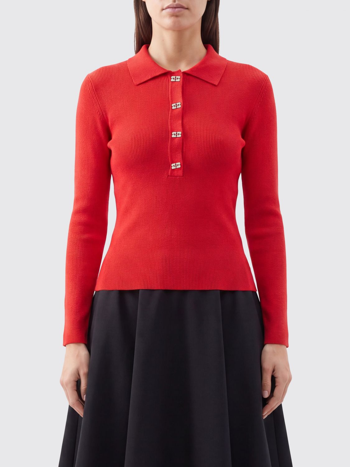 GANNI Butterfly Logo Ribbed-Knit Wool Polo
